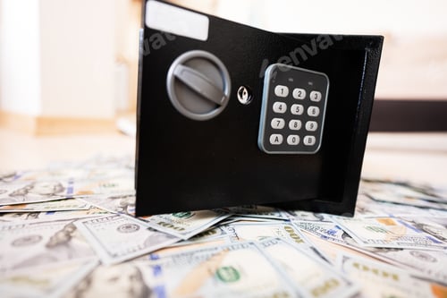 Preview: Code lock safe door against dollar money.