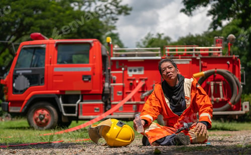 Preview: Firefighter sit in front of fire truck or fire engine and look at camera that look like he tired