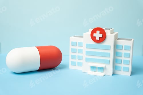 Preview: Hospital and medicine capsule. Medication treatment. Supplying hospitals with drugs and equipment