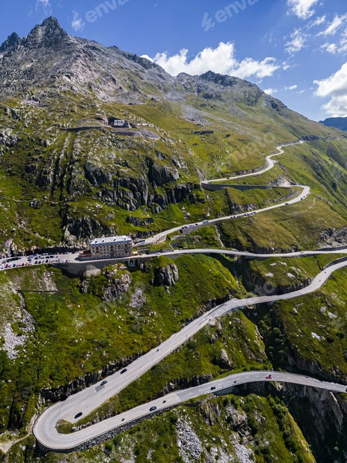 Preview: Drone shot of Swiss Mountain Roads, The Furka Pass and Susten Pass next to the Rhone Glacier
