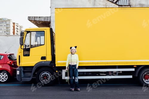 Preview: Young skater woman queer non binary diverse posing outdoor carefree copyspace background