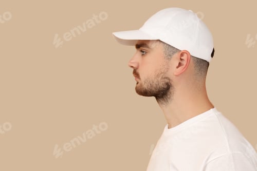 Preview: Man displays white cap and shirt in a neutral background