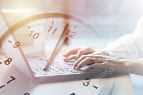 Preview: Business working times concept people work typing on laptop computer overlay with in time clock to l