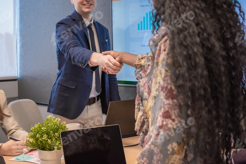 Preview: Business man shake hands with business women agreeing on partnerships or introducing themselves