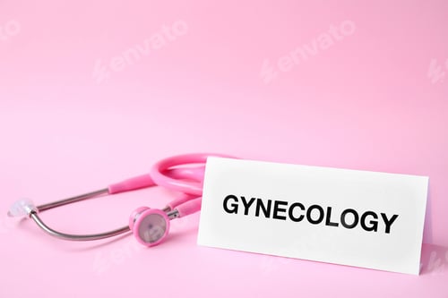 Preview: Card with word Gynecology and stethoscope on color background