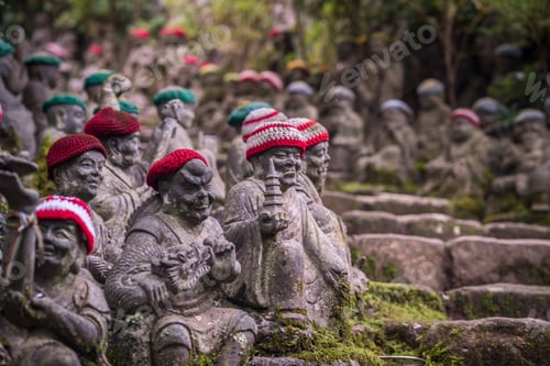 Preview: Beautiful view of the statues by the stairs on Miyajima Island captured in Japan