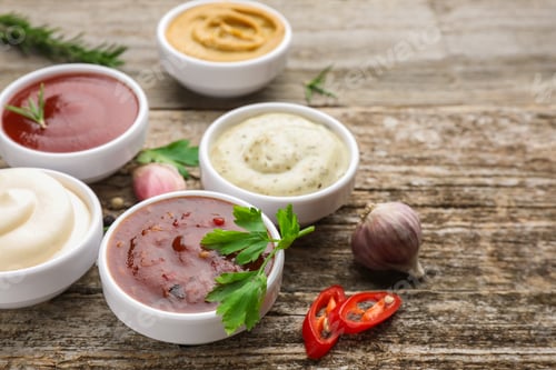 Preview: Different tasty sauces in bowls, herbs and spices on wooden table, closeup
