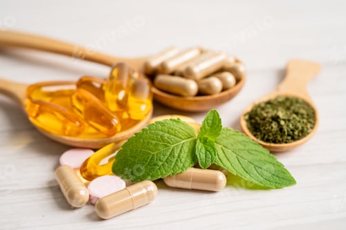 Preview: Alternative medicine herbal organic capsule with vitamin E omega 3 fish oil, mineral, drug