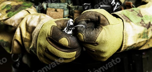 Preview: Soldier In Full Combat Ammunition Pulls A Check From A Grenade. Mixed Media