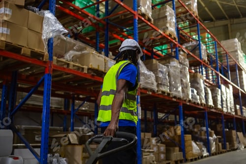 Preview: Man African American worker wear safety uniform push load cart product to shelf in warehouse store.