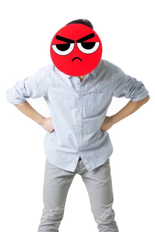 Preview: Young man with a angry emoticon face in front of his face
