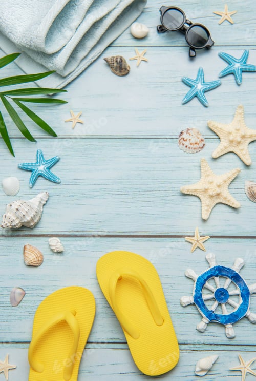 Preview: Summer essentials creating a frame on a light blue wooden background