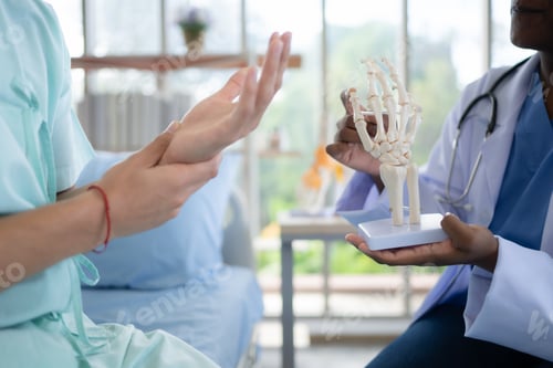 Preview: Doctor showing model of finger bones to patient in hospital. Medical and healthcare concept.