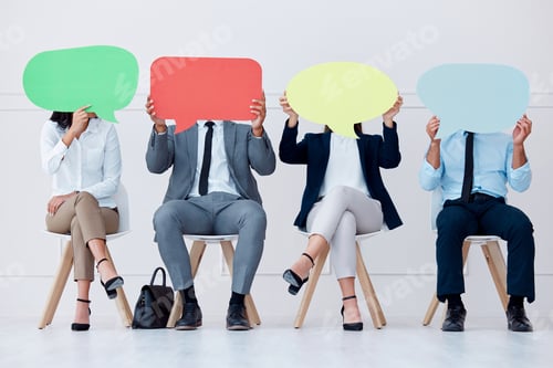 Preview: Speech bubble chat, social media marketing and business people working in recruitment, networking i