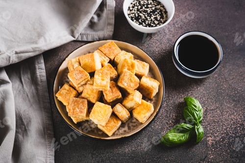 Preview: Japanese fried soybean tofu cheese on plate on table