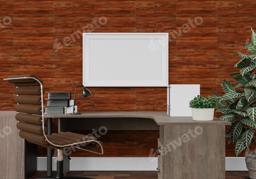 Preview: Desk With Mockup Frame and Plant in Office