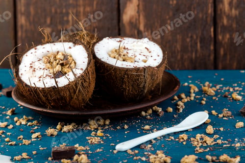 Preview: Healthy breakfast in coconut bowl.