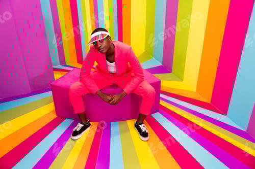 Preview: Beautiful young woman dancing and having fun inside a rainbow box room