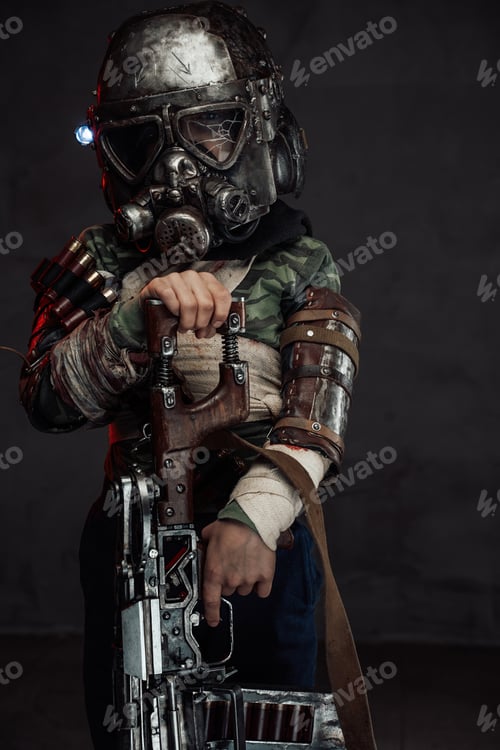 Preview: Apocalyptic child with riffle and gas mask stays in dark background