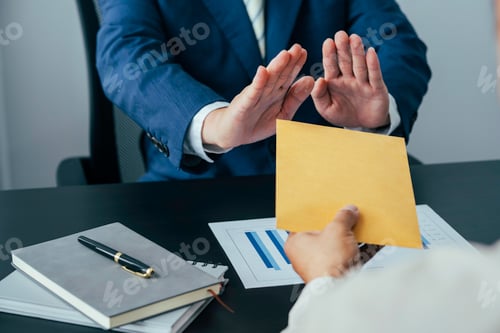 Preview: Honest businessman raising his hand Reject bribery from business people, corrupt and anti-bribery co