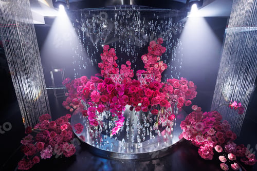 Preview: Table of bride and groom in restaurant hall is decorated with bright pink flowers and crystal beads