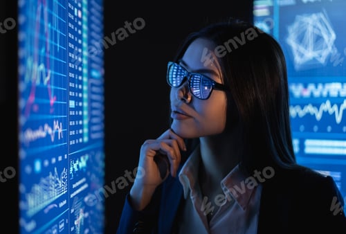 Preview: The business woman looks on a large blue screen with chart.