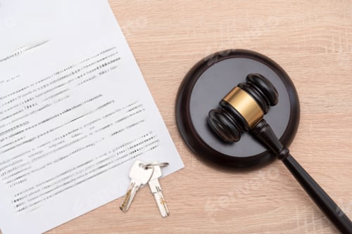 Preview: Legal document with judge gavel and house keys on desk,property agreement or real estate law concept