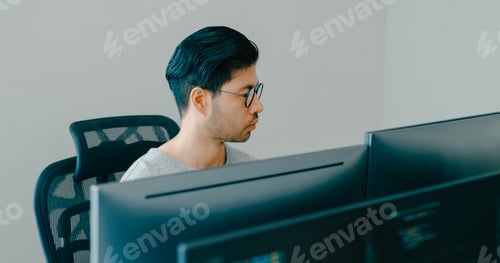 Preview: Asia male typing write prompt AI bot IT app smart program nomad, terminal with coding on computer.