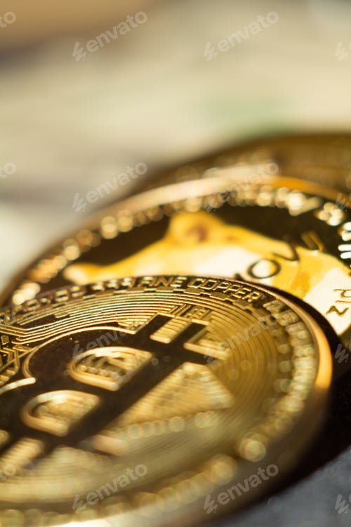 Preview: Vertical shot of a concept of cryptocurrency with golden bitcoins on a blurred background
