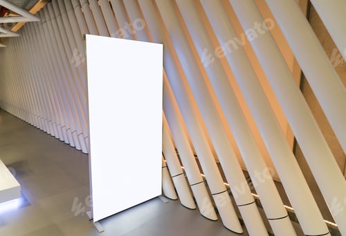 Preview: Blank Mock Up Of Vertical Poster Billboard Sign With Copy Space In Modern Mall.