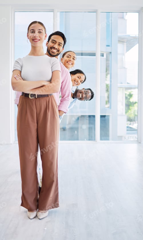 Preview: Business, people and teamwork in row in office with portrait, diversity and happiness for collabora