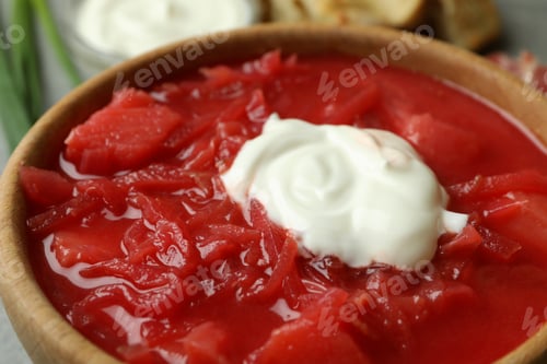 Preview: Bowl of tasty beetroot soup, close up