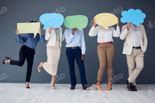Preview: Business people, social media and speech bubble for advertising, message or space on wall backgroun