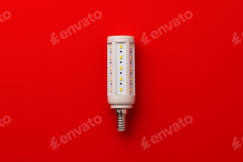 Preview: One light bulb on red background top view