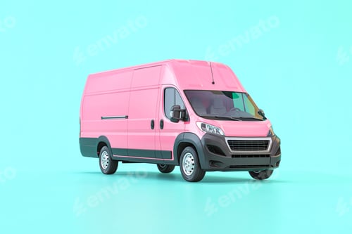 Preview: Pink delivery van on blue background.