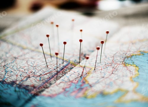 Preview: Closeup of pins on the map planning travel journey