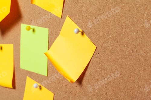 Preview: colorful sticky notes with pushpins and blank space, on cork background