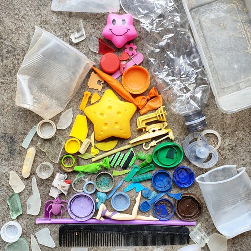 Preview: collection of plastic trash pollution found on the beach