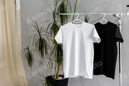 Preview: White and black T-shirts on hangers for design presentation