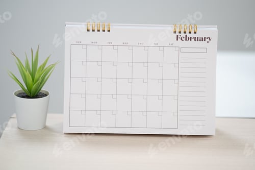 Preview: Desk calendar for February on the table with copy space in work space concept