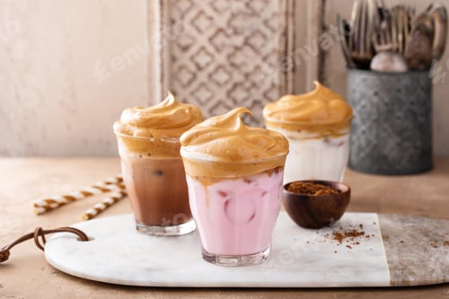 Preview: Strawberry, regular and chocolate dalgona whipped coffee in a glass with ice