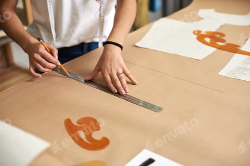 Preview: Workplace in modern design studio. Female designer creating exclusive flat paper clothing patterns.