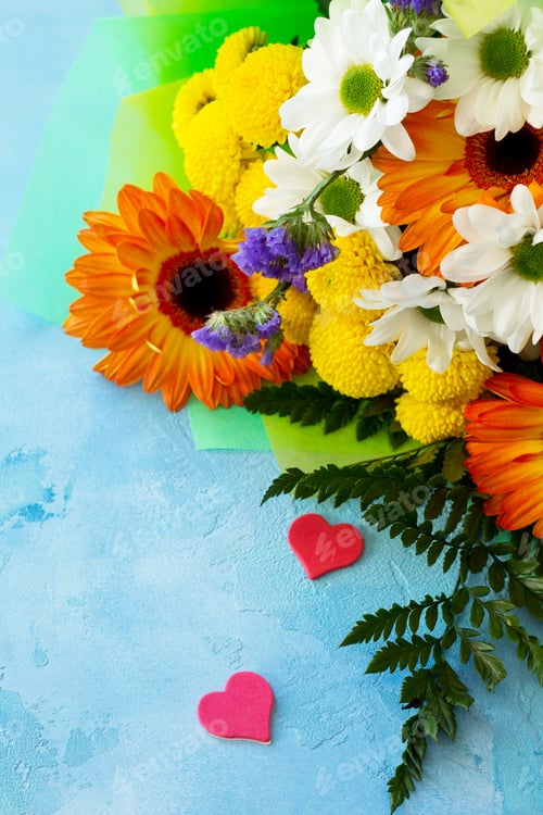 Preview: A wedding story or background Mother's Day. Bouquet of gerbera with chrysanthemums.