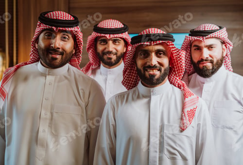 Preview: Group of four happy arab men posing side by side