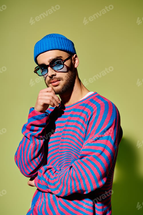 Preview: Stylish young man makes a bold fashion statement against a vibrant green background