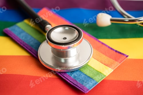 Preview: Stethoscope on rainbow flag background, symbol of LGBT pride month celebrate annual in June social,