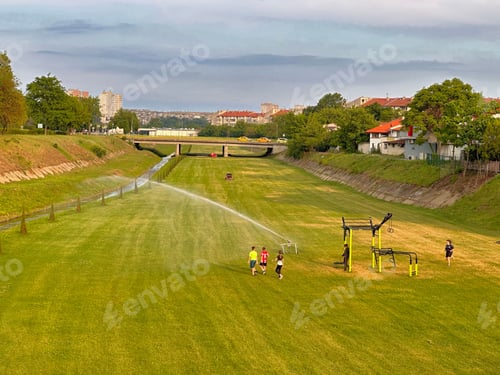 Visualização: Crianças alegres brincando no campo verde exuberante, pulverizando água