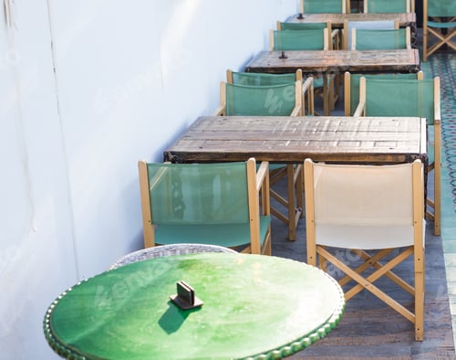 Preview: Cafe, coffee shop, tavern and restaurant concept - Outdoor street cafe tables ready for service