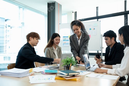 Preview: diverse business team people discuss financial result review paperwork share ideas brainstorm