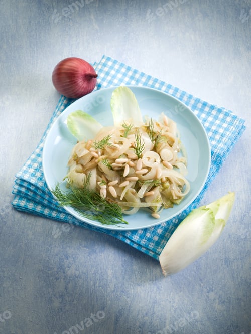 Preview: salad with sauteed endive onions and pine nuts